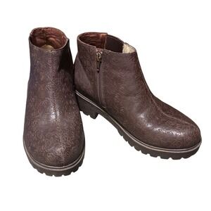 Alegria Brown Embossed Floral Leather Ankle Boots Women Side Zip Comfort Soles